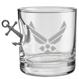 US military glasses featuring an anchor design and emblem etched on a clear glass tumbler.