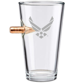 US military glasses featuring a clear design with a bullet-shaped handle and engraved Air Force logo.