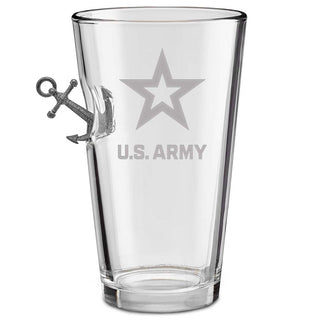 Clear glass tumbler featuring a U.S. Army star logo and an anchor design on the side.