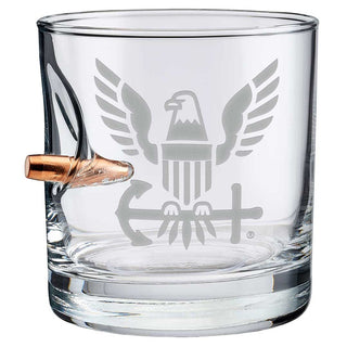 US military glasses featuring an eagle emblem and a bullet design as a handle, clear glass with etched details.