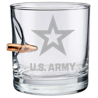 US Military glasses featuring a bullet design and engraved U.S. Army star on a clear glass tumbler.