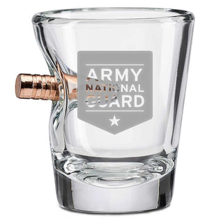 US military glasses featuring a bent design with an Army National Guard logo and a copper bullet detail.