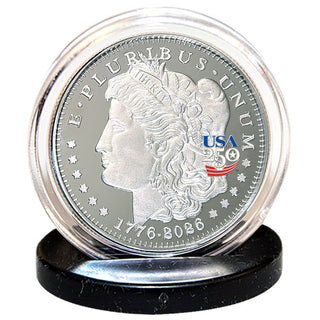 America's 250th Anniversary Morgan Dollar nickel silver proof coin in a clear display case, featuring a detailed profile o...