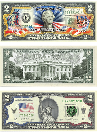 America 250th Anniversary $2 Bill Bundle Set — genuine legal tender U.S. $2 bill from Proud Patriots