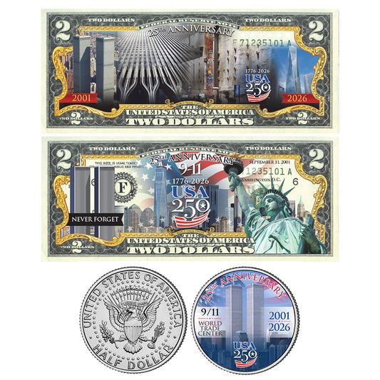 9/11 25th Anniversary + America's 250th Anniversary Coin & $2 Bill Bundle