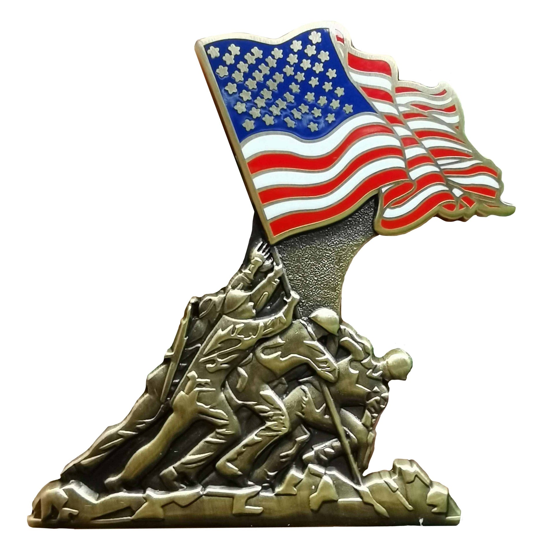 Iwo Jima 80th anniversary enamel pin featuring soldiers raising the American flag with detailed sculpting and vibrant colors.
